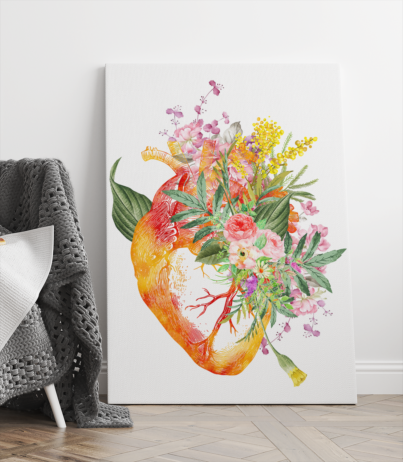 Anatomical Heart With Flowers, Floral Heart Canvas Prints