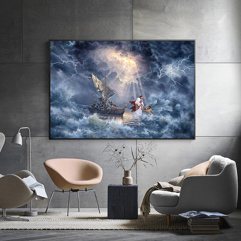 Jesus Walking on Water/Savior In The Storm Canvas Painting Christ Posters and Prints Wall Art Picture for Living Room Home Decor Poster and Canvas