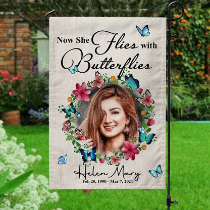 Personalized Custom Name and Date Now She Flies With Butterflies Memorial Garden Flag And House Flag