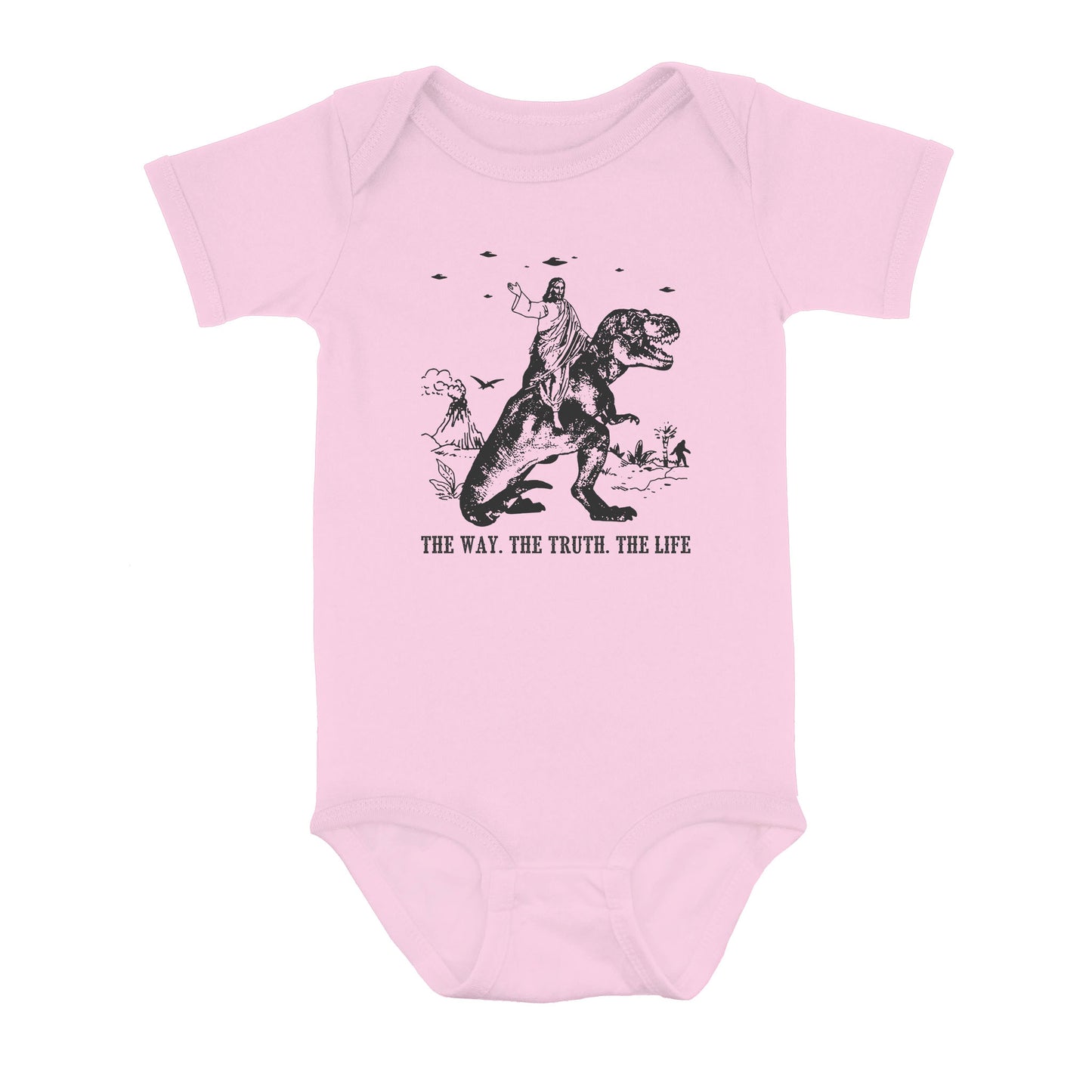 Jesus Riding Dinosaur The Way. The Truth. The Life - Baby Onesie