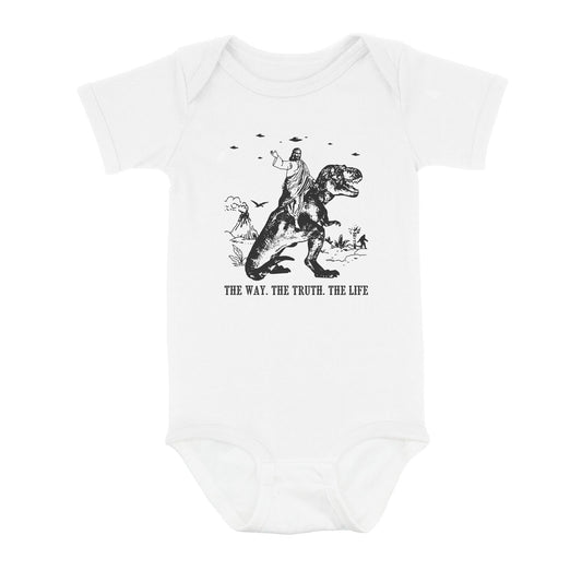 Jesus Riding Dinosaur The Way. The Truth. The Life - Baby Onesie