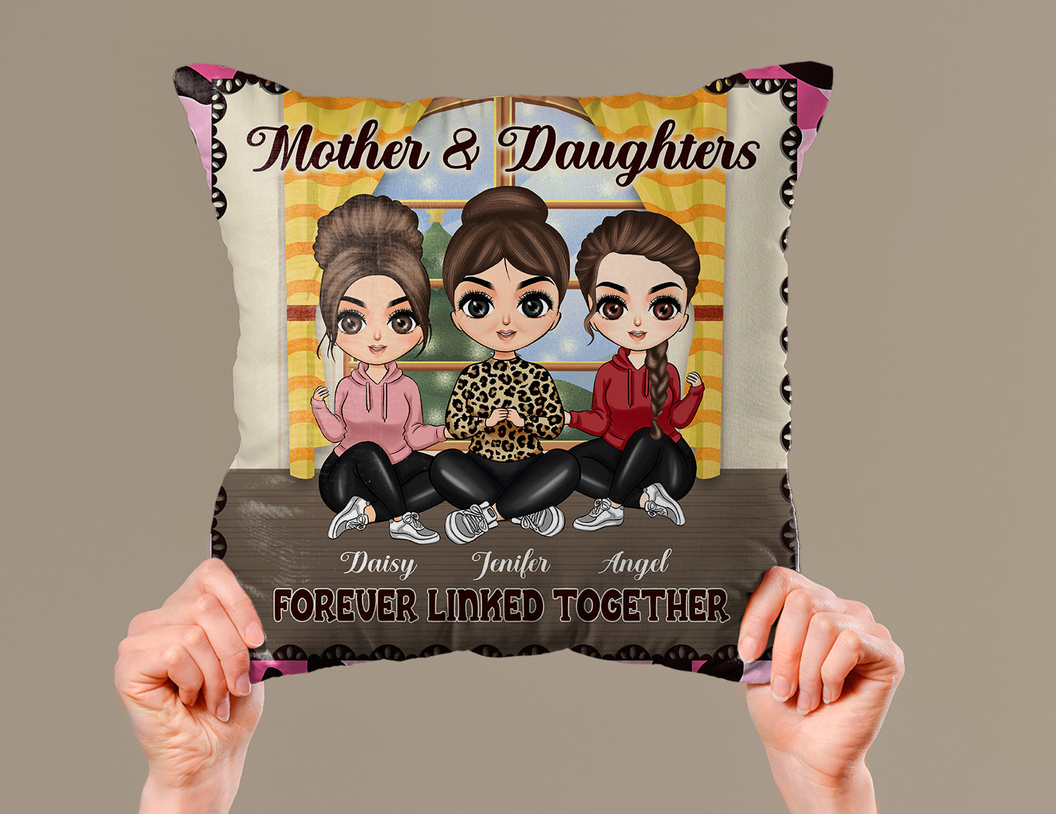 Personalized Mother And Daughters Forever Linked Together, Gift For Mom Linen Throw Pillow
