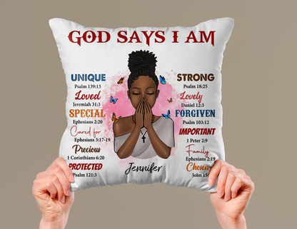 Personalized Black Queen, Black Girl, God Says I Am Linen Throw Pillow