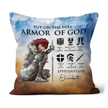 Personalized Woman Warrior of God Put On The Full Armor of God Ephesians 6-10 Linen Throw Pillow