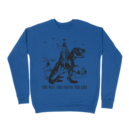 Premium Crew Neck Sweatshirt - Jesus Riding Dinosaur The Way. The Truth. The Life