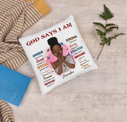 Personalized Black Queen, Black Girl, God Says I Am Linen Throw Pillow