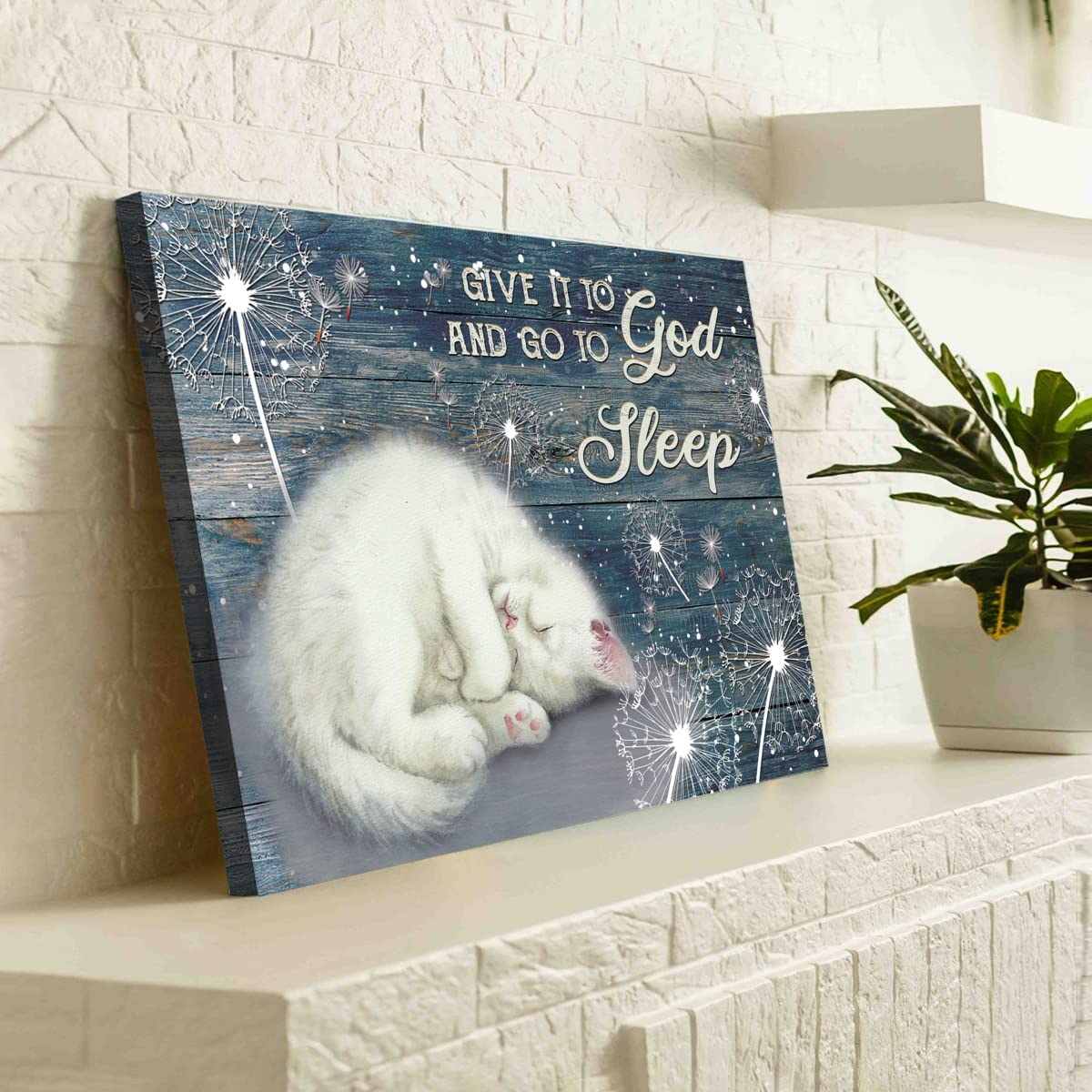 White Cat Painting Dandelion Drawing Night Sky, Give It to God and Go to Sleep Jesus Canvas Prints