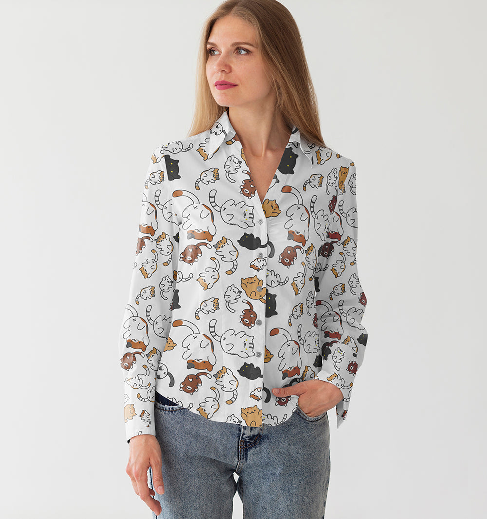 Funny Cats Life Patterns Women Linen Shirt For Cat Mom