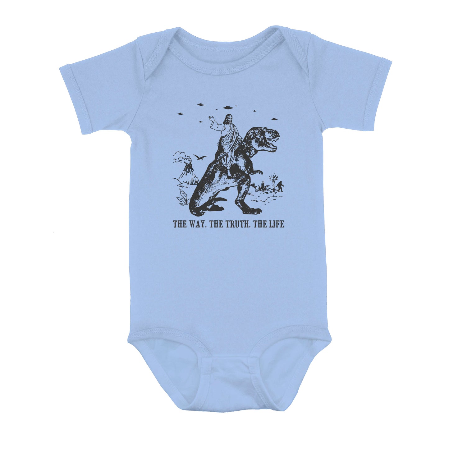 Jesus Riding Dinosaur The Way. The Truth. The Life - Baby Onesie