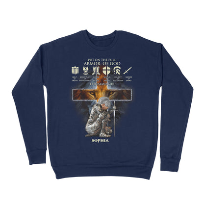 Personalized Woman Warrior Of God Put On The Full Armor Of God Ephesians 6-10 Premium Crew Neck Sweatshirt