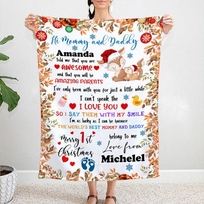 Personalized Custom Name First Christmas as Mommy and Daddy Lovely Squirrel Blanket