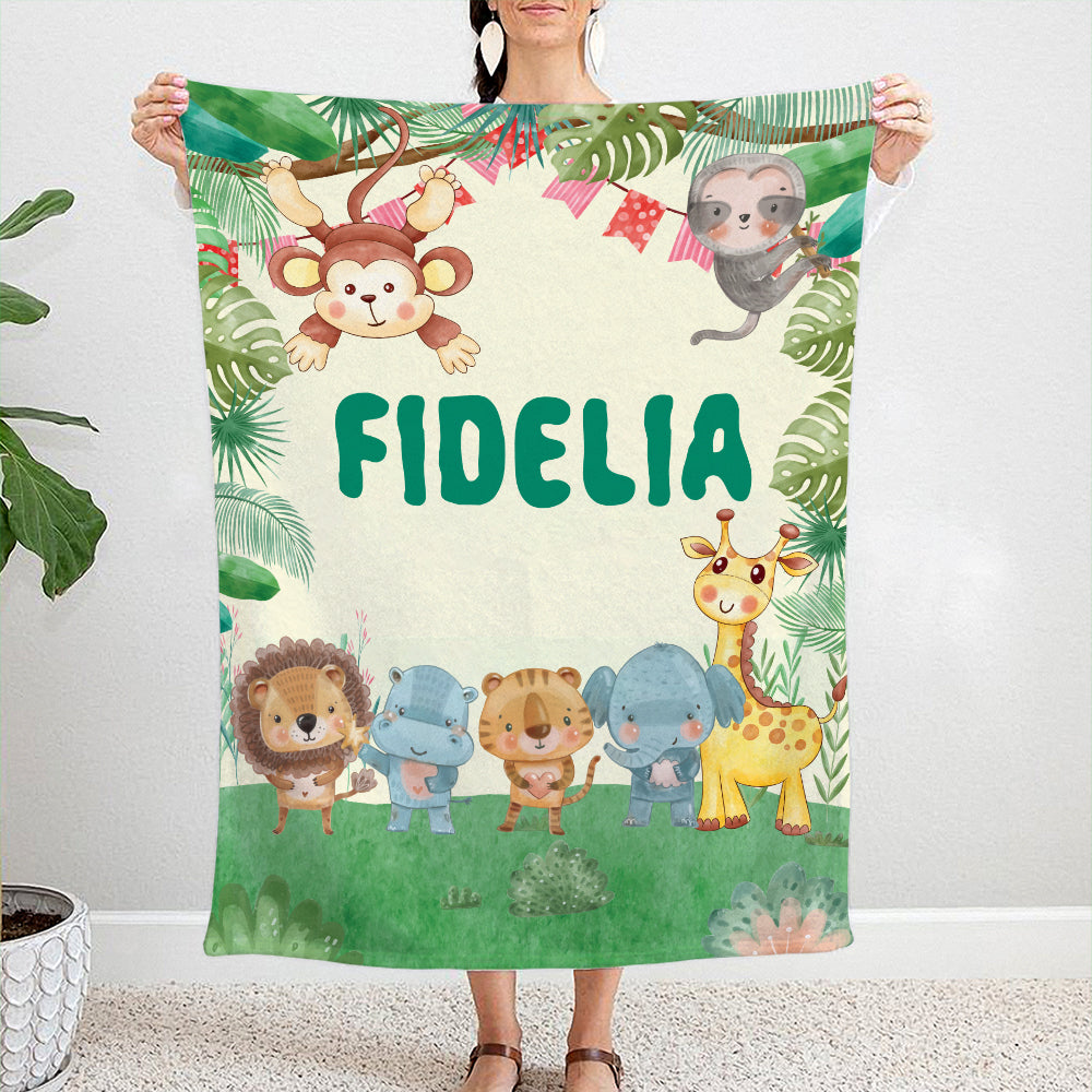 Personalized Name Safari Jungle Animals Blanket Gift For Baby Kids