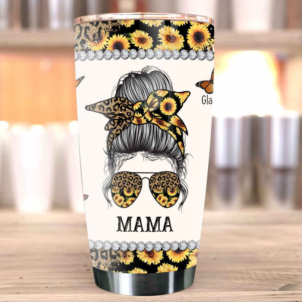 Personalized Mama Mom Leopard And Sunflower Messy Bun Mother Day Tumbler