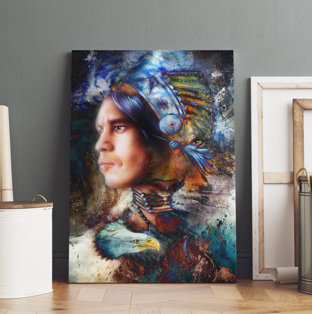 Native American Indian Warrior Wearing A Gorgeous Feather Headdress And Eagle With Tiger Profile Portrait Canvas Prints And Poster