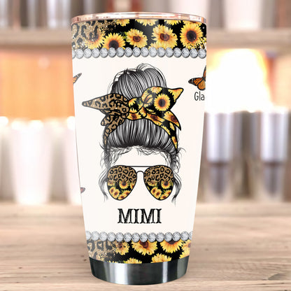 Personalized Mimi Leopard And Sunflower Messy Bun Mother Day Tumbler