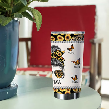 Personalized Mama Mom Leopard And Sunflower Messy Bun Mother Day Tumbler