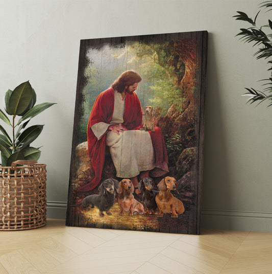 Jesus Christ And Dachshund Dog Around Canvas Prints