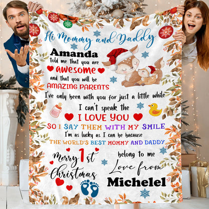 Personalized Custom Name First Christmas as Mommy and Daddy Lovely Squirrel Blanket