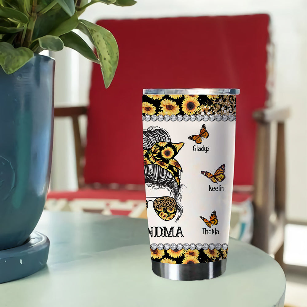 Personalized Grandma Leopard And Sunflower Messy Bun Mother Day Tumbler