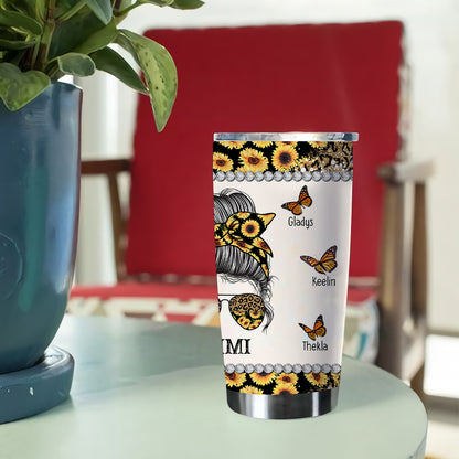 Personalized Mimi Leopard And Sunflower Messy Bun Mother Day Tumbler