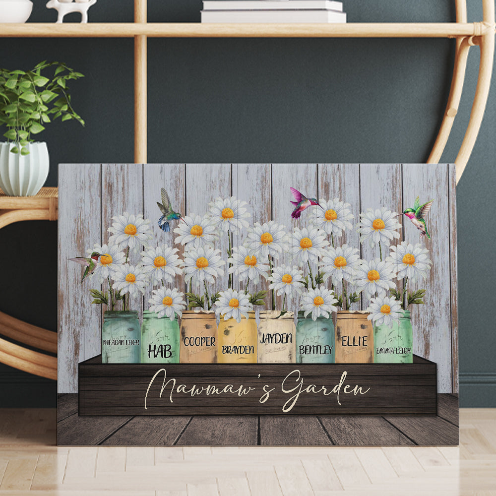 Personalized Family Name Grandma's Garden with Hummingbird And Daisy Canvas Prints