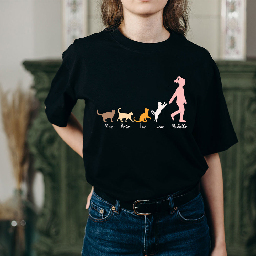 Personalized Cat Mom Walking With Cats T-Shirt