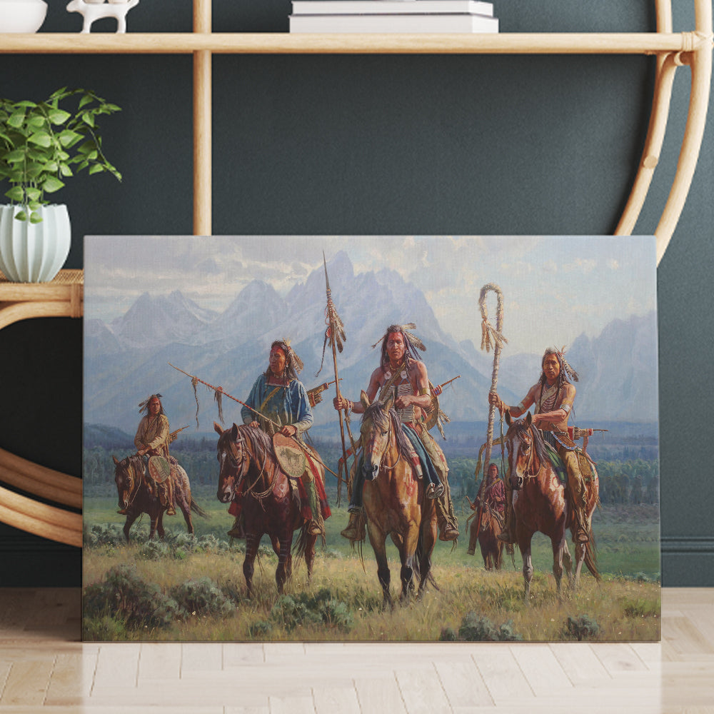 Native American Indian Warriors Riding On Horses Painting Canvas Prints And Poster