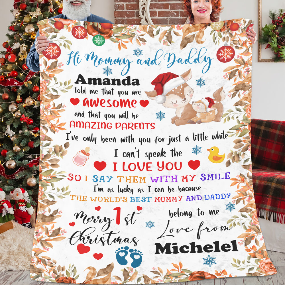 Personalized Custom Name First Christmas as Mommy and Daddy Lovely Squirrel Blanket