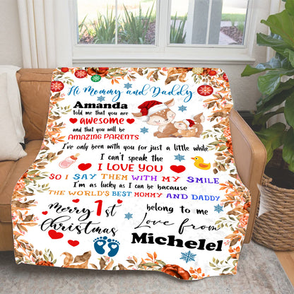 Personalized Custom Name First Christmas as Mommy and Daddy Lovely Squirrel Blanket