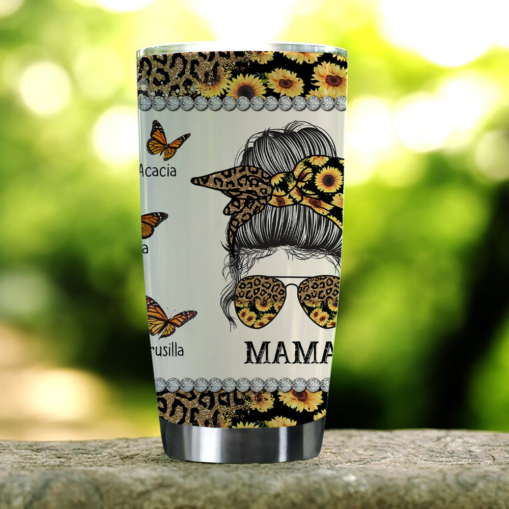 Personalized Mama Mom Leopard And Sunflower Messy Bun Mother Day Tumbler