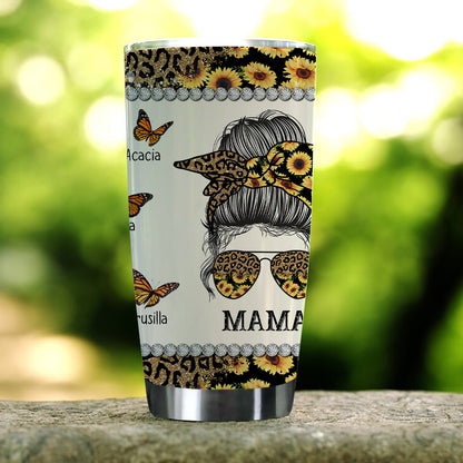 Personalized Mama Mom Leopard And Sunflower Messy Bun Mother Day Tumbler