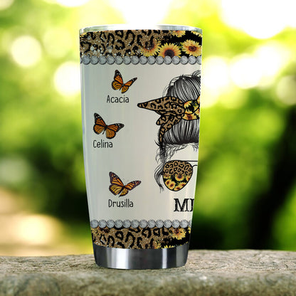 Personalized Mimi Leopard And Sunflower Messy Bun Mother Day Tumbler