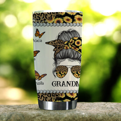 Personalized Grandma Leopard And Sunflower Messy Bun Mother Day Tumbler