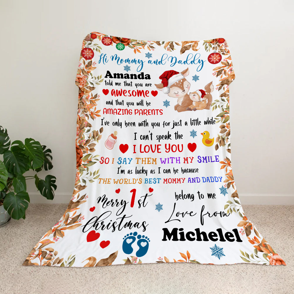 Personalized Custom Name First Christmas as Mommy and Daddy Lovely Squirrel Blanket