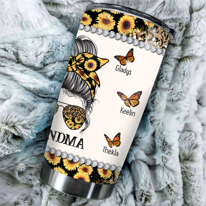 Personalized Grandma Leopard And Sunflower Messy Bun Mother Day Tumbler