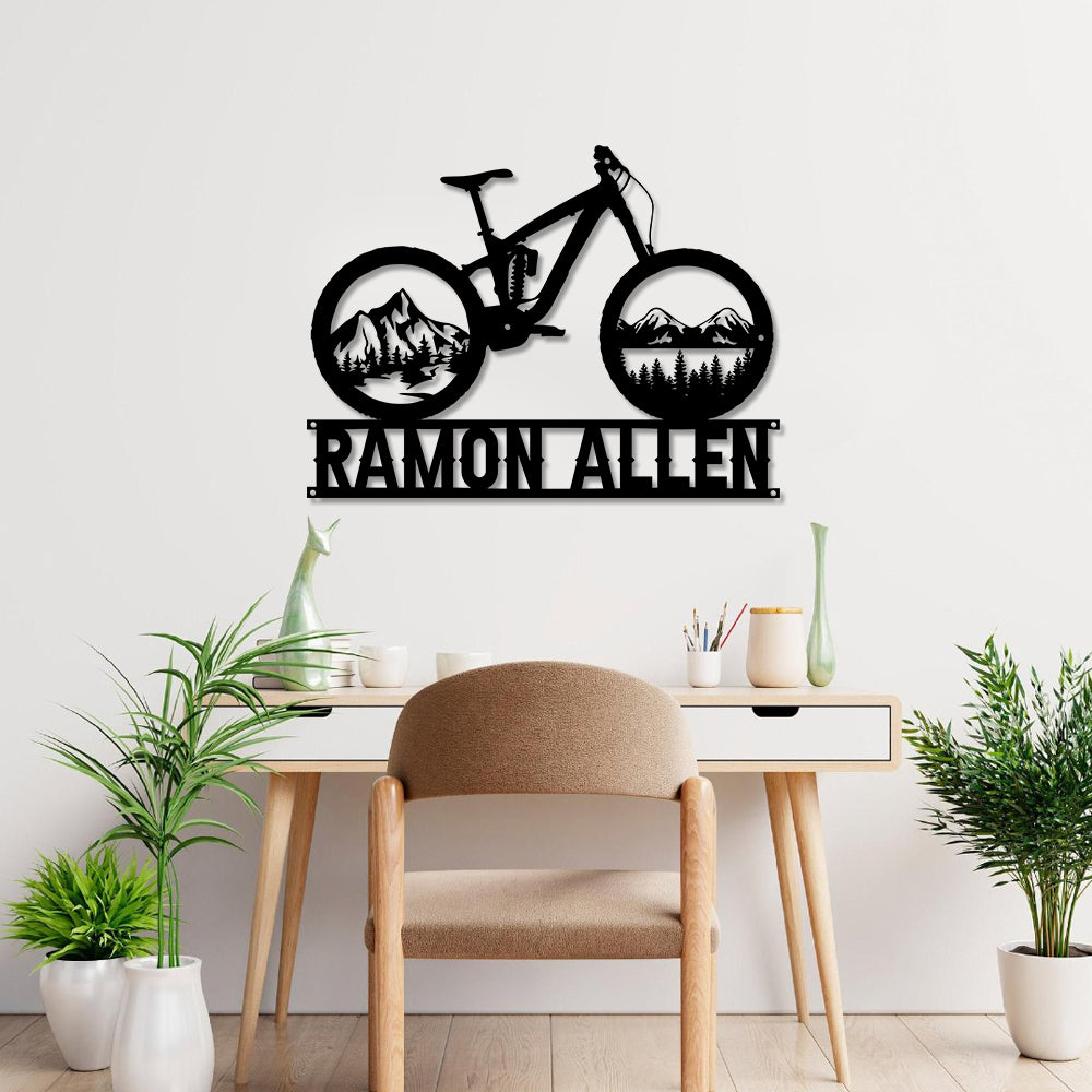 mountainbike wandtattoo Personalized Metal Mountain Bike Cut Metal Sign, Bicycle Metal Wall Decor, Bike Decor – Wolfantique