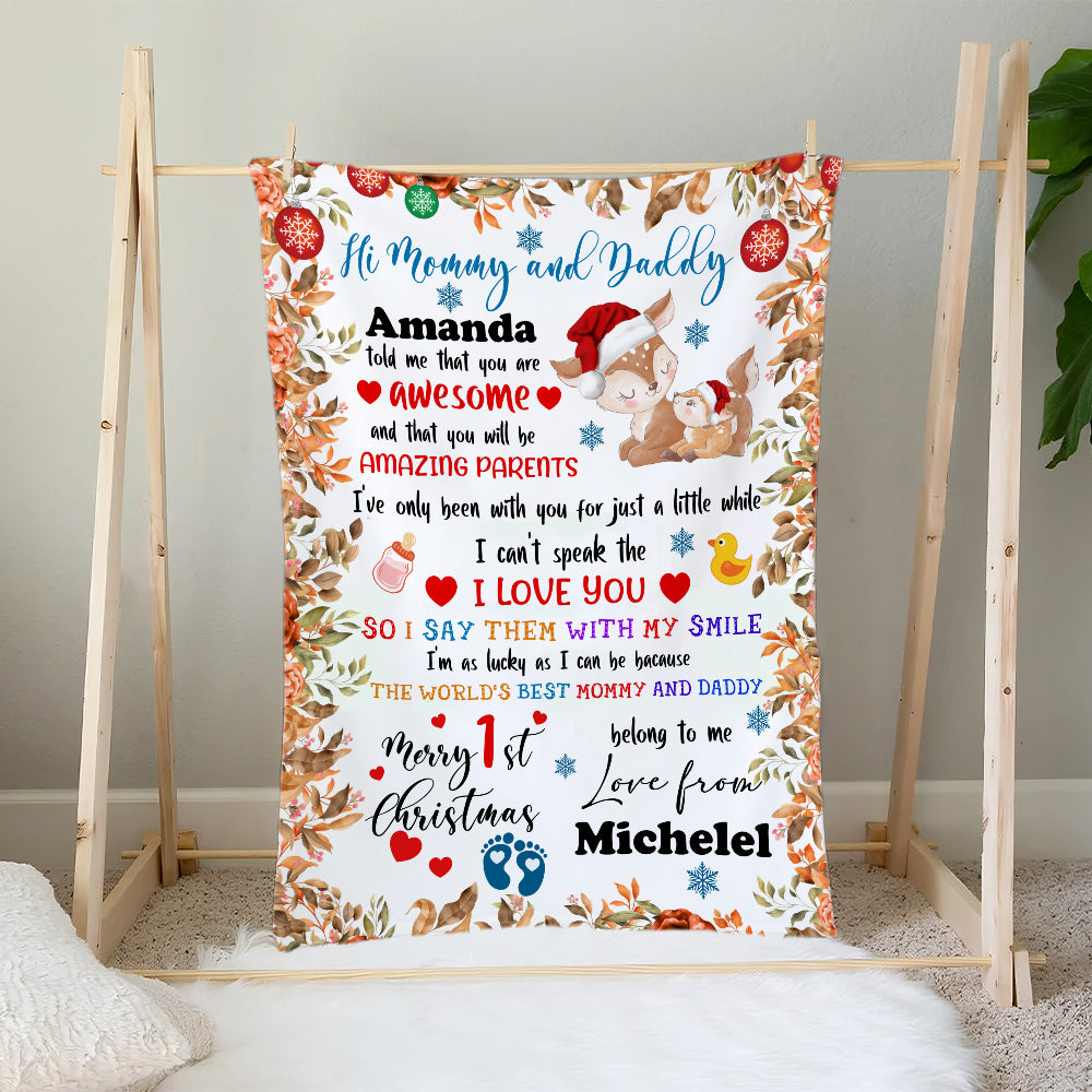 Personalized Custom Name First Christmas as Mommy and Daddy Lovely Squirrel Blanket