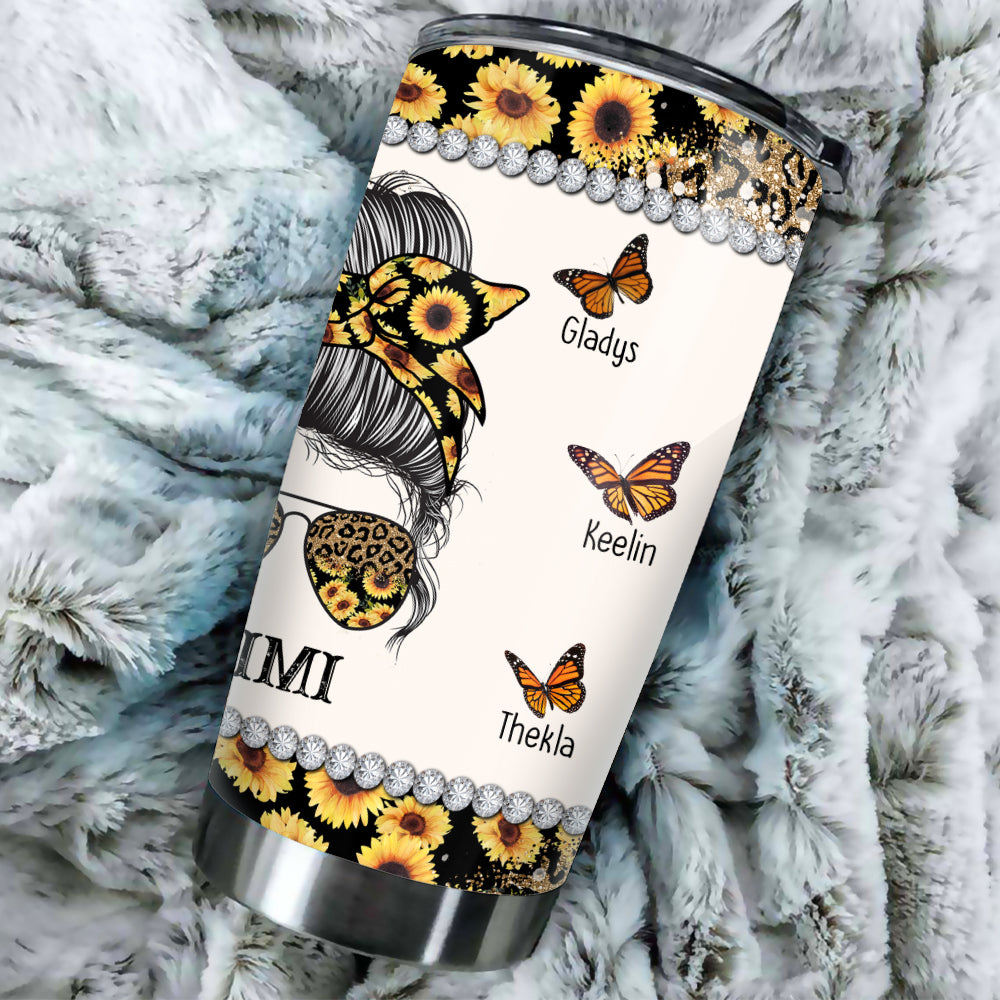 Personalized Mimi Leopard And Sunflower Messy Bun Mother Day Tumbler