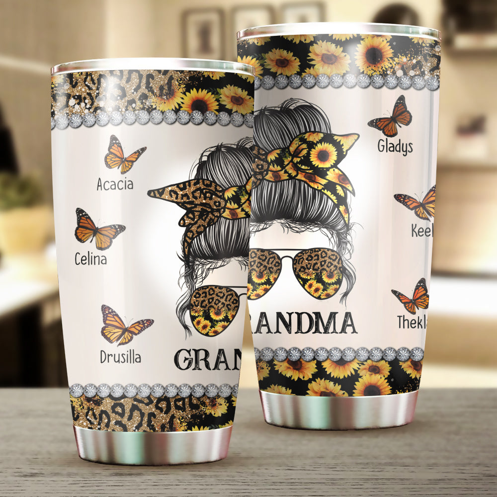 Personalized Grandma Leopard And Sunflower Messy Bun Mother Day Tumbler