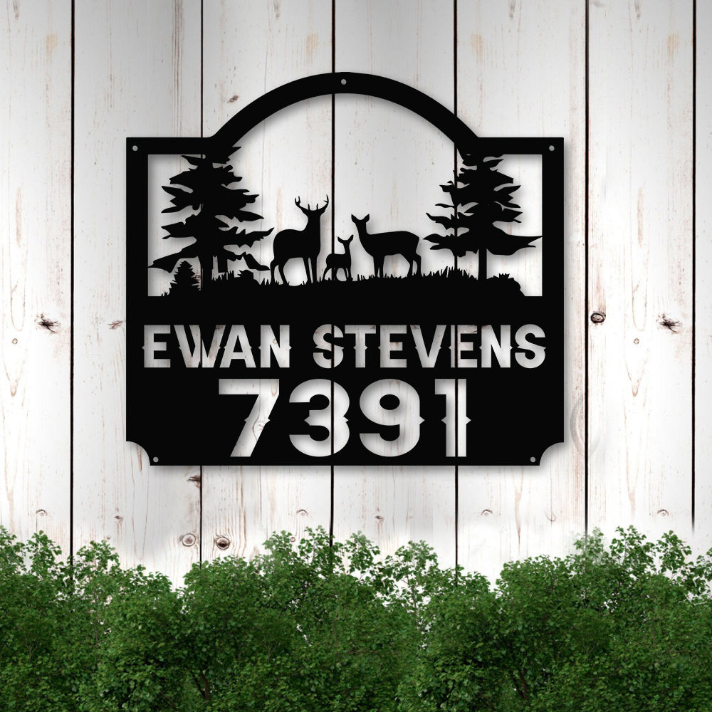 Personalized  Address Name With Deer Family Cut Metal Sign