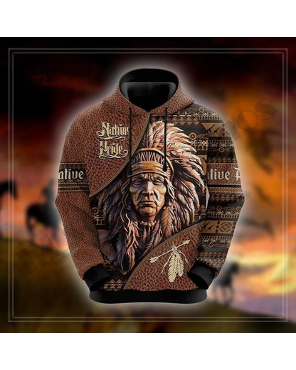 Chief Native Brown Leather Native American 3D All Over Print Hoodie and Zip Hoodie