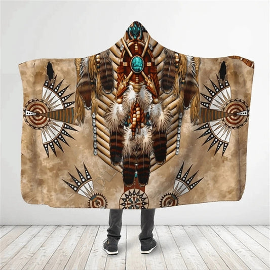 Brown Pattern Culture Native American Eagle Feathers 3D All Over Print Cloak- Hooded Blanket