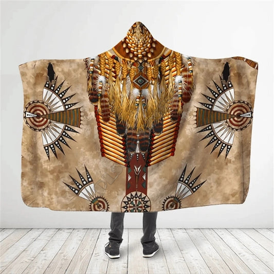 Brown Pattern Culture Native American Eagle Feathers 3D All Over Print Cloak- Hooded Blanket