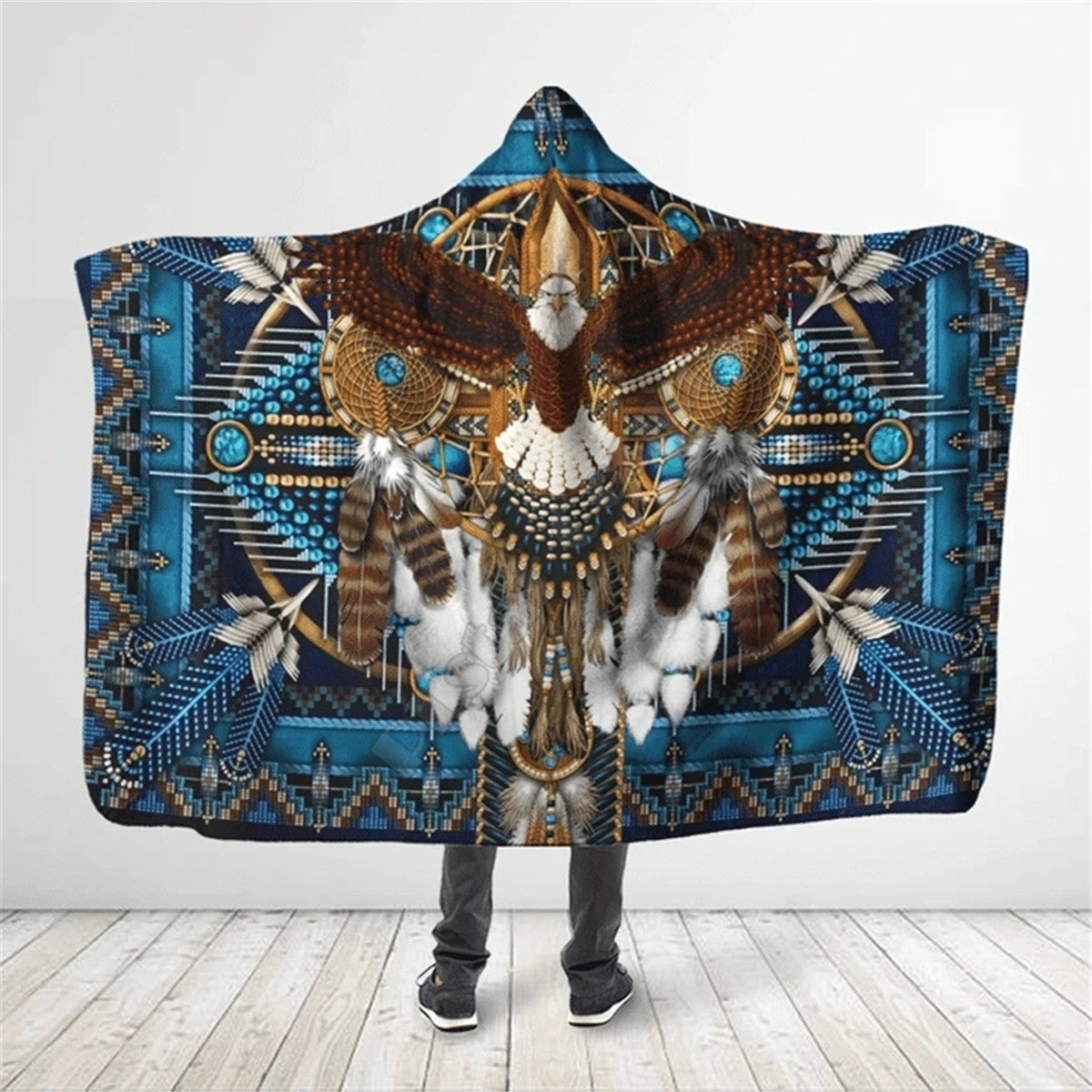 Turquoise Blue Pattern Native American Eagle Feathers 3D All Over Print Cloak- Hooded Blanket