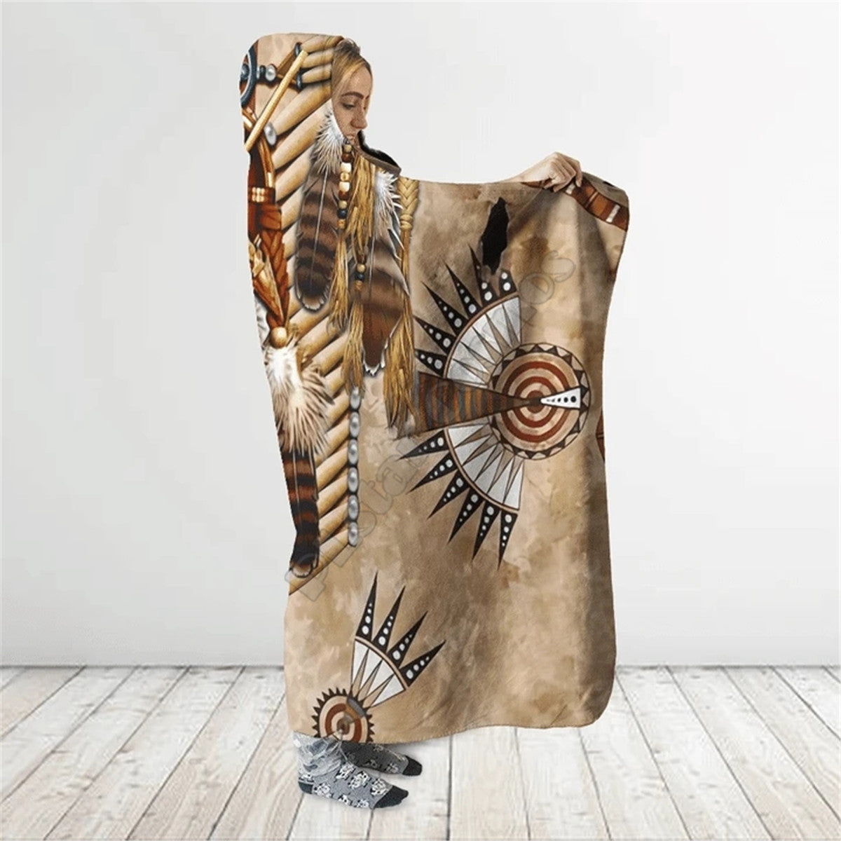 Brown Pattern Culture Native American Eagle Feathers 3D All Over Print Cloak- Hooded Blanket