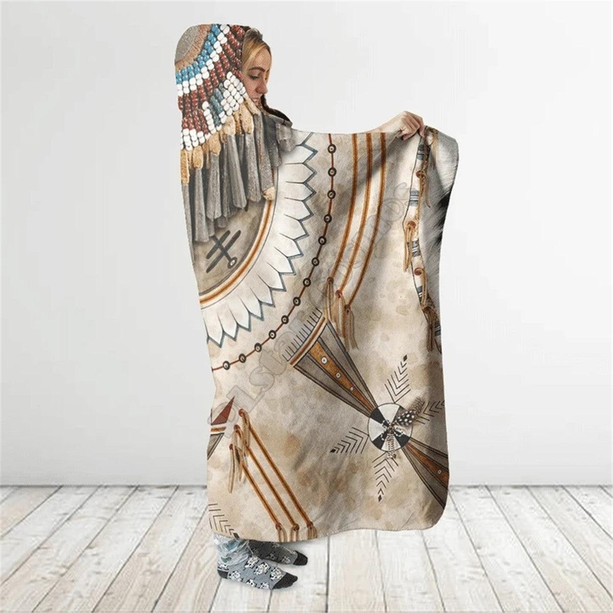 Indian Native White Feather Native America 3D All Over Print Cloak- Hooded Blanket