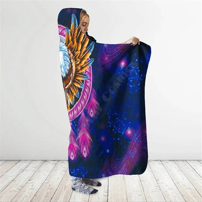 Native American Eagle Feathers Purple Pattern 3D All Over Print Cloak- Hooded Blanket