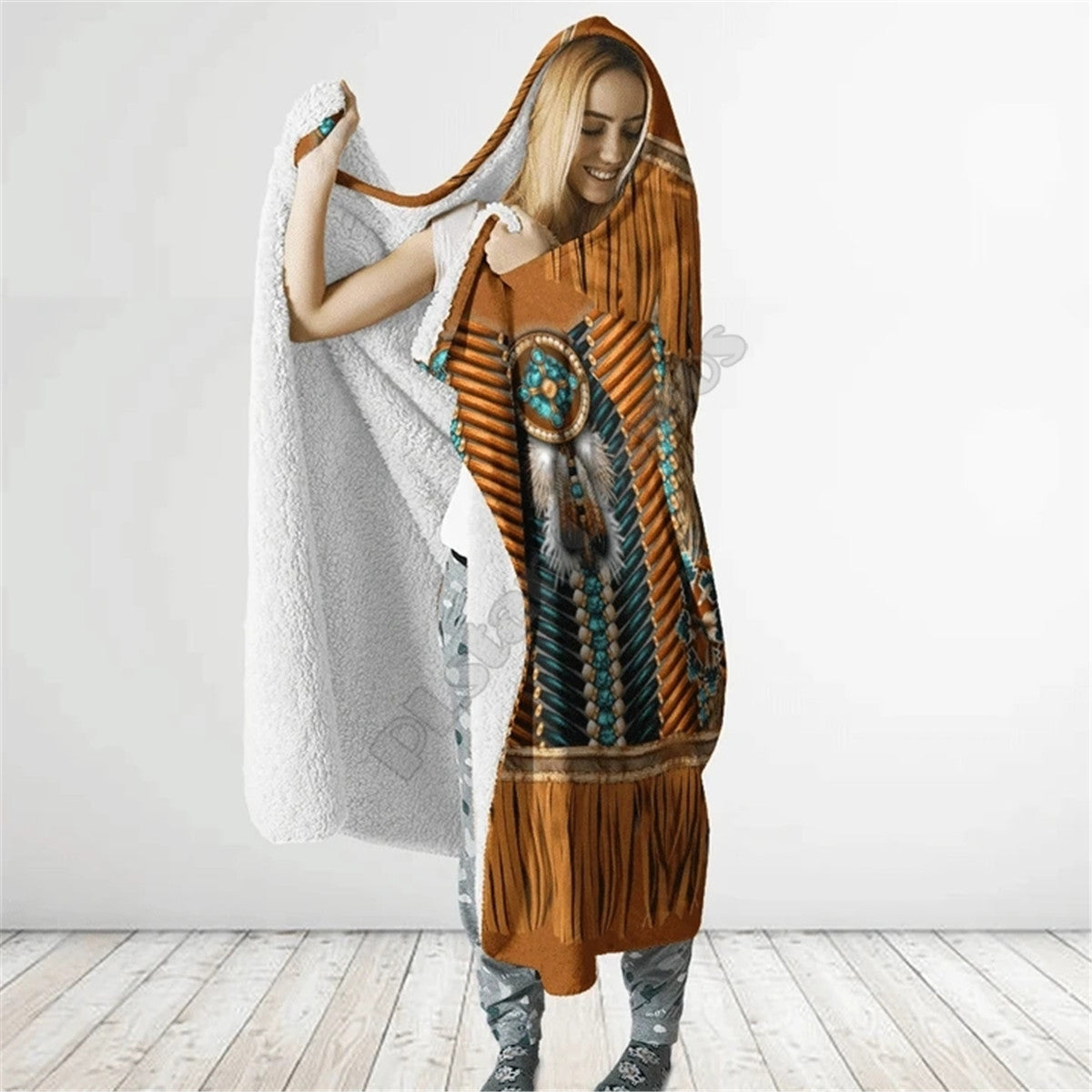 Brown Pattern Culture Dreamcatcher Native American Eagle Feathers 3D All Over Print Cloak- Hooded Blanket