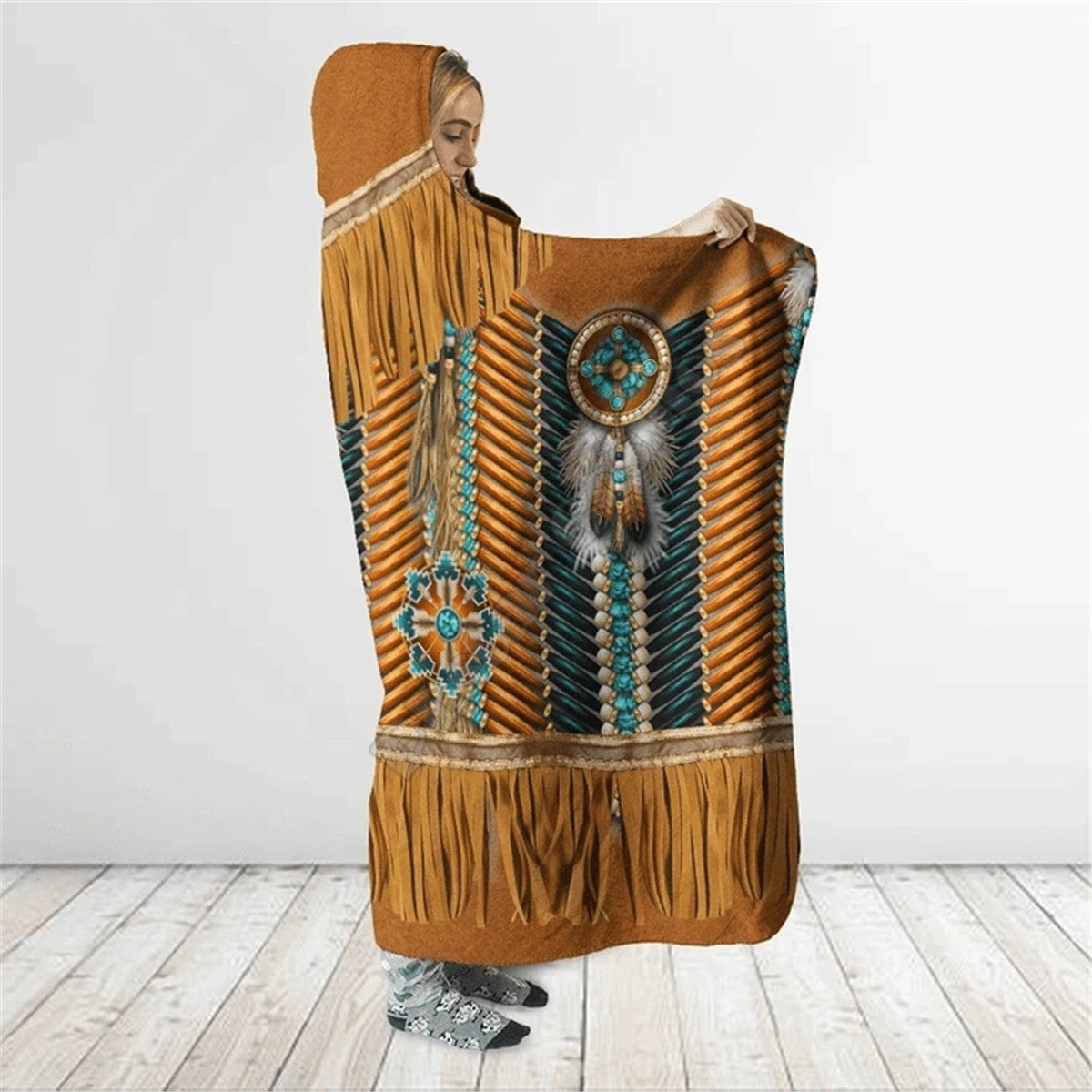 Brown Pattern Culture Dreamcatcher Native American Eagle Feathers 3D All Over Print Cloak- Hooded Blanket