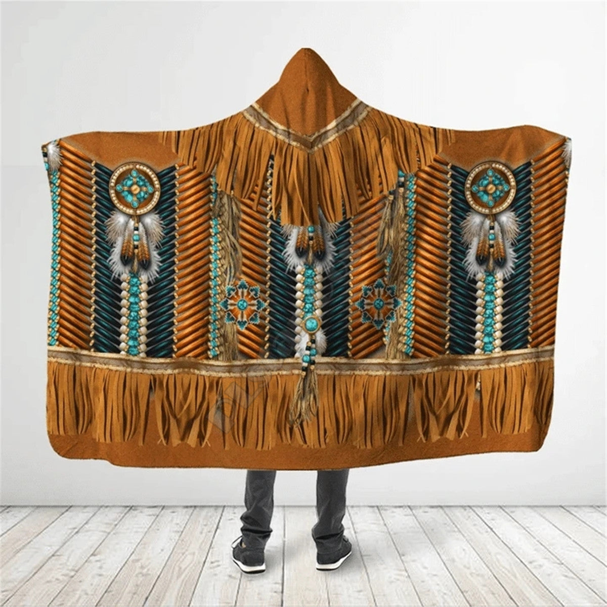 Brown Pattern Culture Dreamcatcher Native American Eagle Feathers 3D All Over Print Cloak- Hooded Blanket